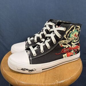 Ed Hardy Black High-Top Sneakers with White Trim and Red Accent